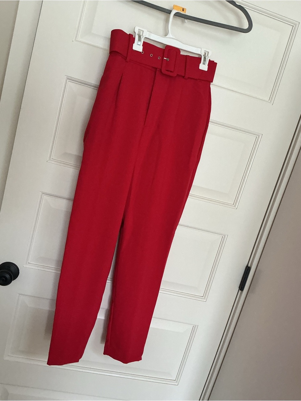 Zara Red High-Waist Belted Tapered Trousers